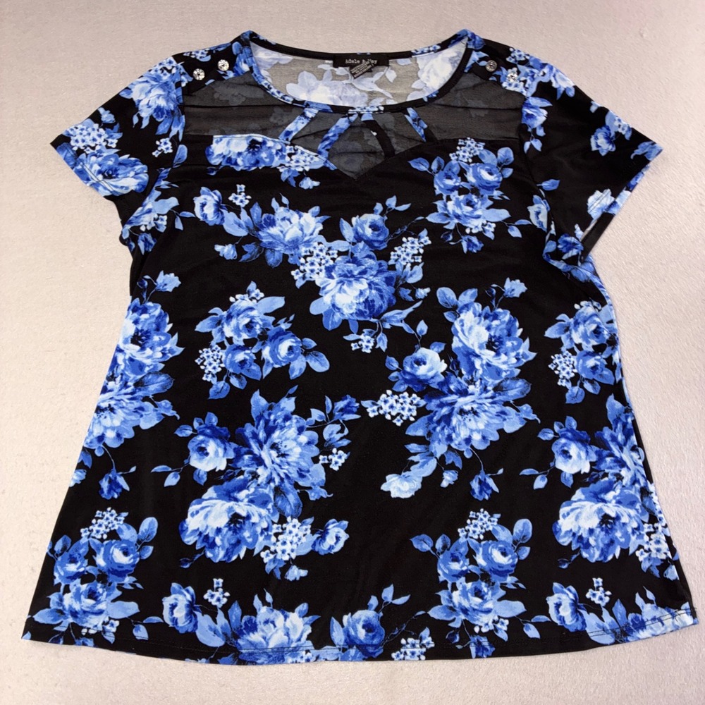 Adele & May Floral Top Womens XL Blue Black Mesh Cutout Business Office
